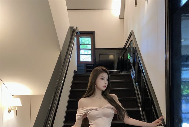 Off-Shoulder Mini Plain Ruched Cap-Sleeve Dress Sheath Asymmetrical