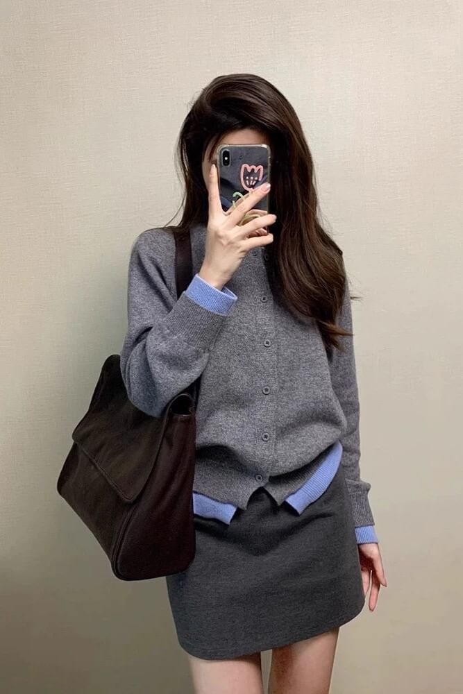 Contrast Trim Round Neck Button-Front Cardigan
