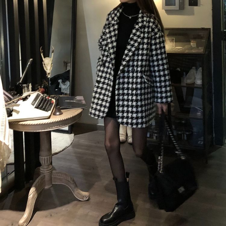 Houndstooth Double-Breasted Lapel Wool Coat