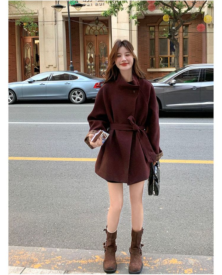 Stand Collar Plaid Lining Button Tie Front Coat