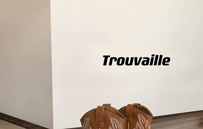 Leather Heel Faux Embroidered Boots Chunky Mid-Calf Cowboy