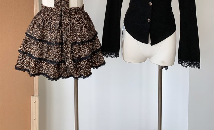 + Print Set: Skirt Plain Top Long-Sleeve V-Neck Tiered Waist High Leopard Mini Button-Up