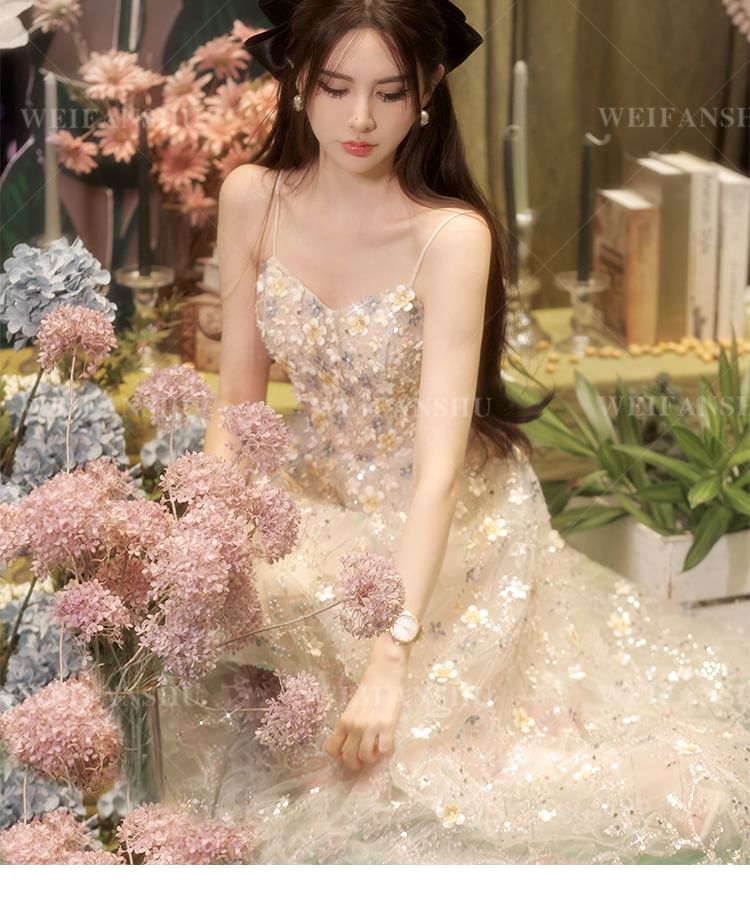 Embroidered Designs) A-Line Evening Sequin Gown Floral (Various