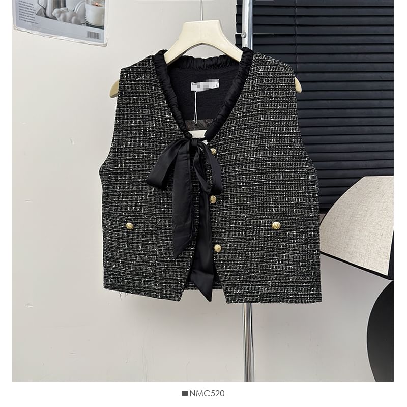 Tie-Front Tweed Vest / Two-Tone Pleated A-Line Dress