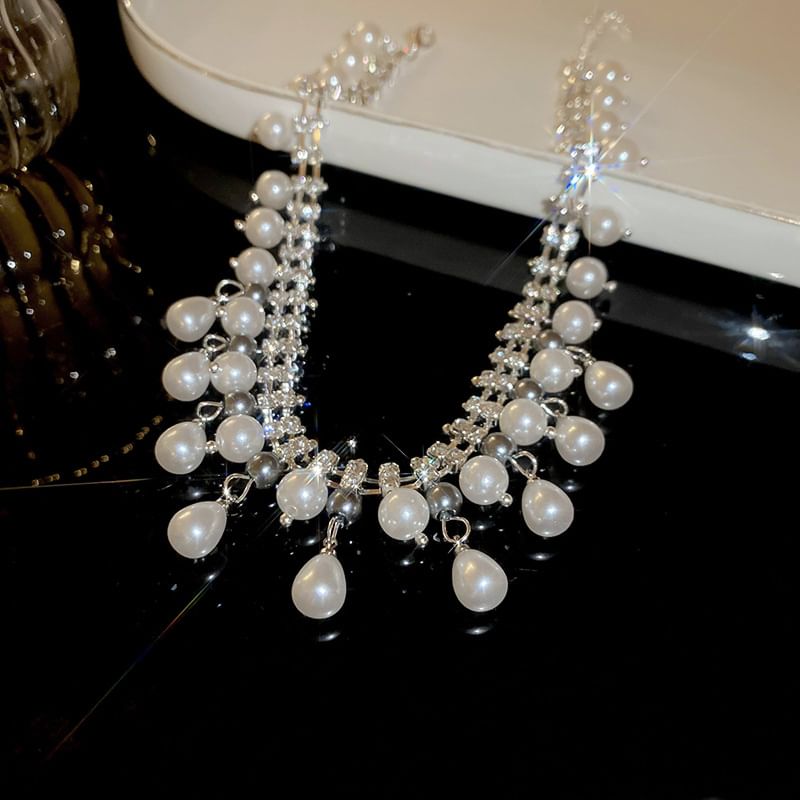 Faux Fringed Necklace Rhinestone Pearl