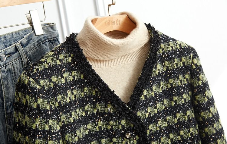 V-Neck Tweed Button Jacket