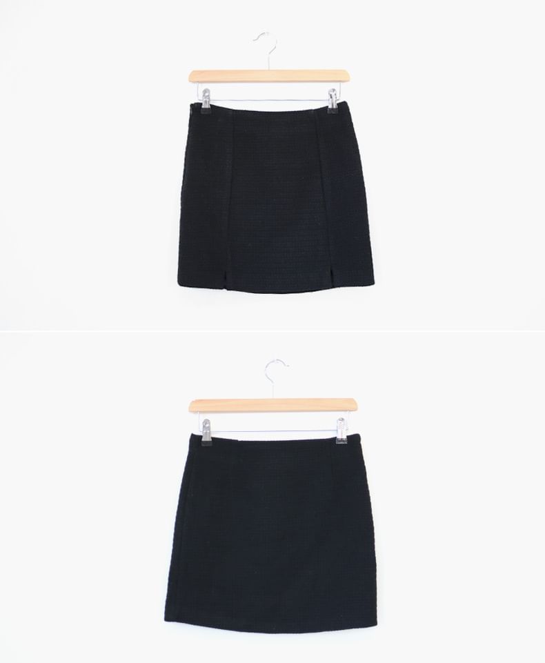 Crew Neck Plain Button-Up Tweed Crop Jacket / High Waist Slit Mini Pencil Skirt