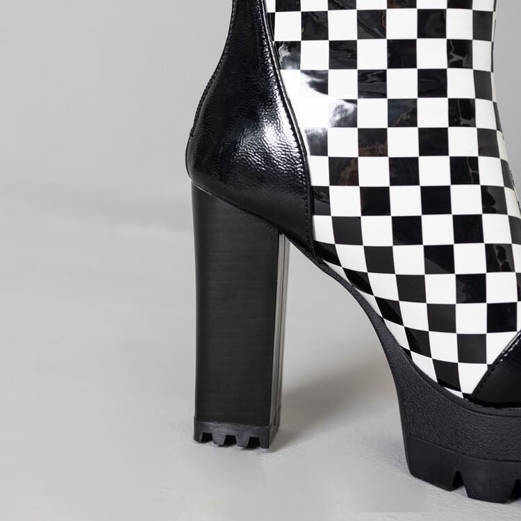 Short Boots Heel Checkerboard Block