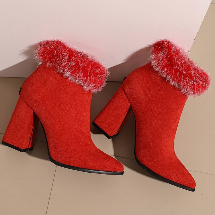 Short Trim Boots Heel Furry Leopard Print Block