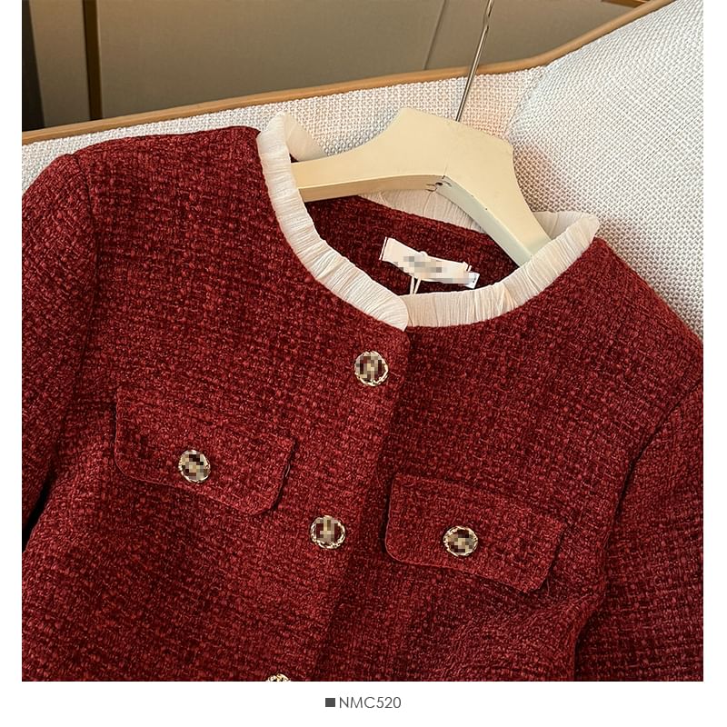 Contrasted Round-Neck Tweed Jacket