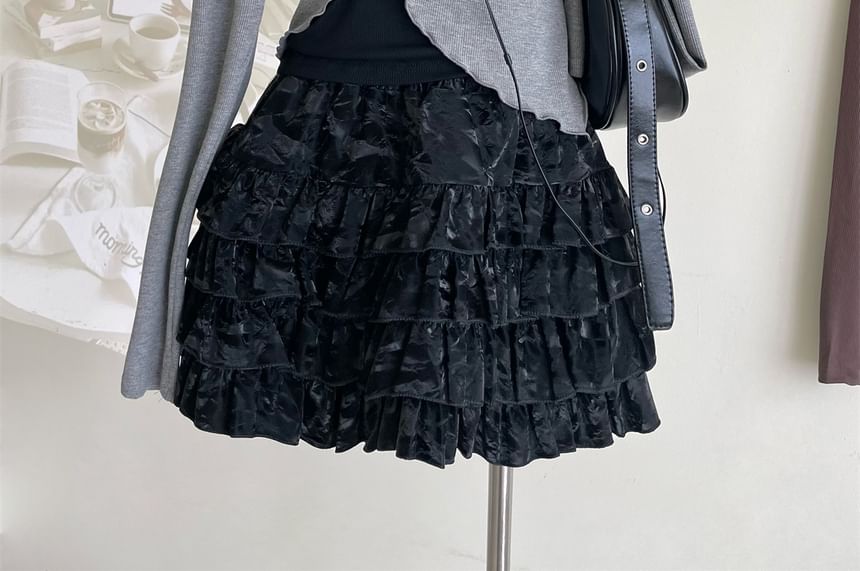 Crop A-Line Top / Neck Square Mini Asymmetrical Long-Sleeve Set Halter Skirt