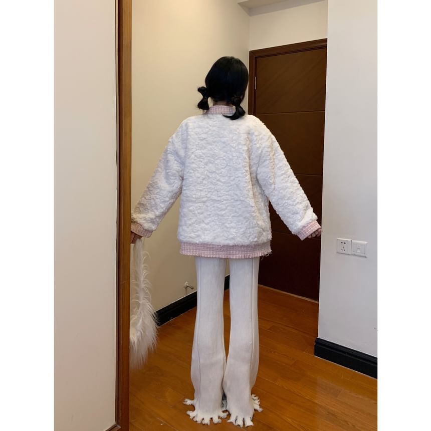 Collar Applique Fringed Tweed Panel Fleece Button Jacket