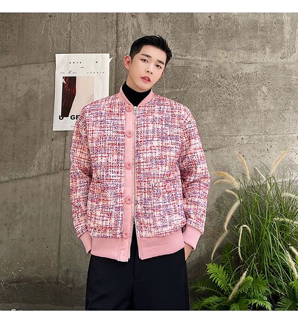Panel Tweed Zip Baseball Jacket