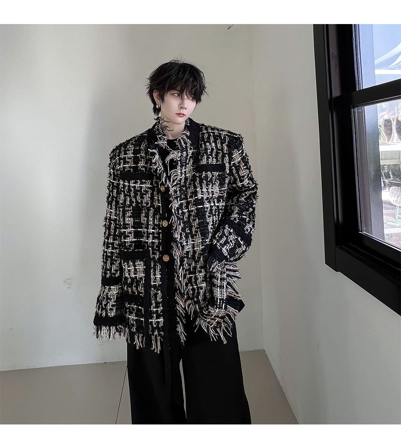 Stand Collar Fringe Tweed Button Jacket