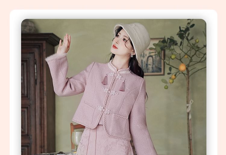 Stand Collar Tassel Tweed Frog Closure Jacket / High Waist Jacquard Midi A-Line Skirt / Set