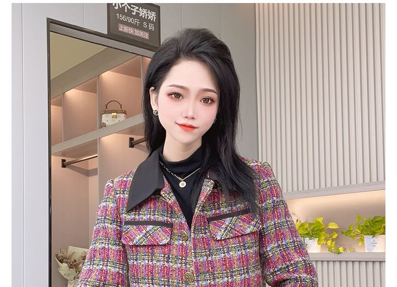 Collar Plaid Tweed Button Jacket