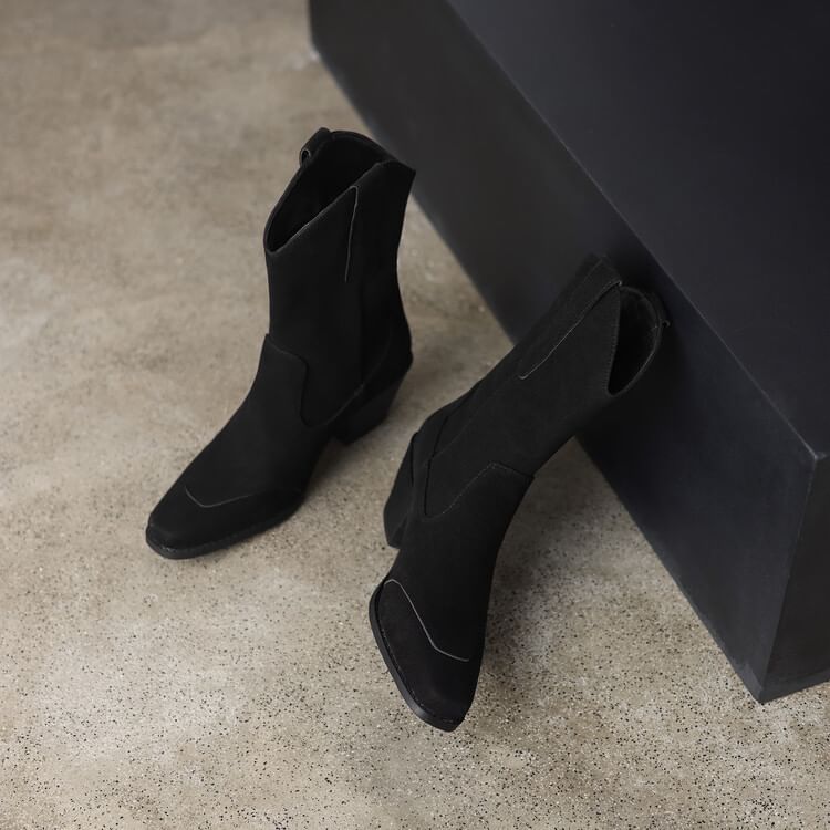 Toe Mid Heel Calf Suede Panel Block Faux Boots Square
