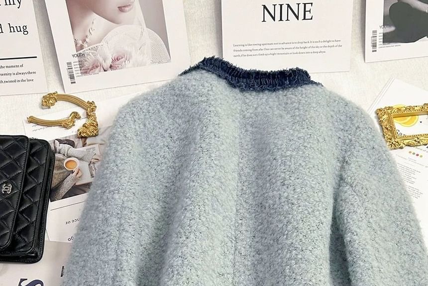 Button Panel Round Boucle Jacket Neck Denim