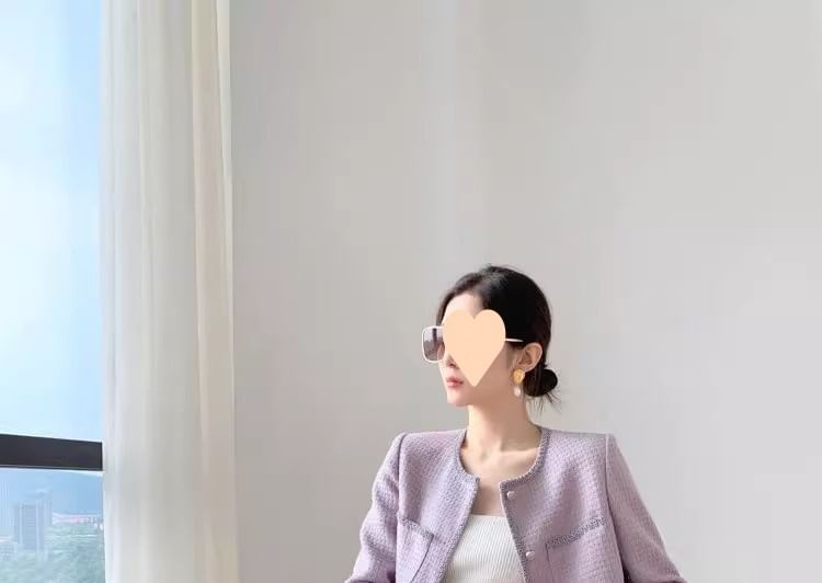 Set: Round Neck Tweed Button Jacket + High Waist Midi A-Line Skirt