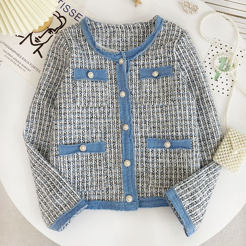 Round Neck Plaid Contrast Trim Tweed Button Jacket