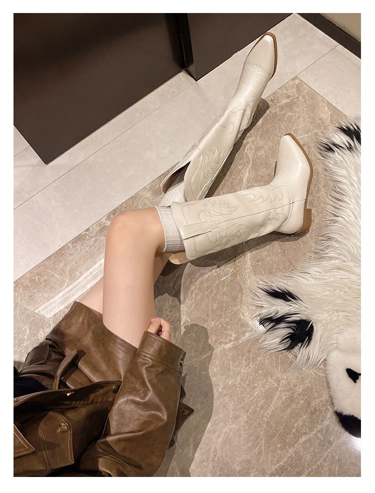 Heel Chunky Boots Faux Leather Cowboy