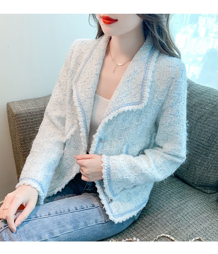 Lapel Collar Contrast Trim Button-Up Tweed Jacket