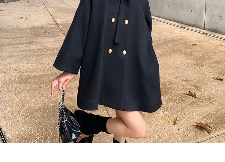 Tie Neck Plain Double Breasted Wool Coat