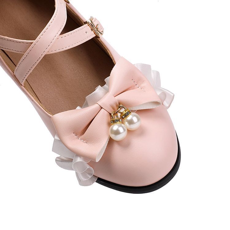 Mary Faux Strap Pumps Heel Frill Ankle Chunky Trim Pearl Bow Jane