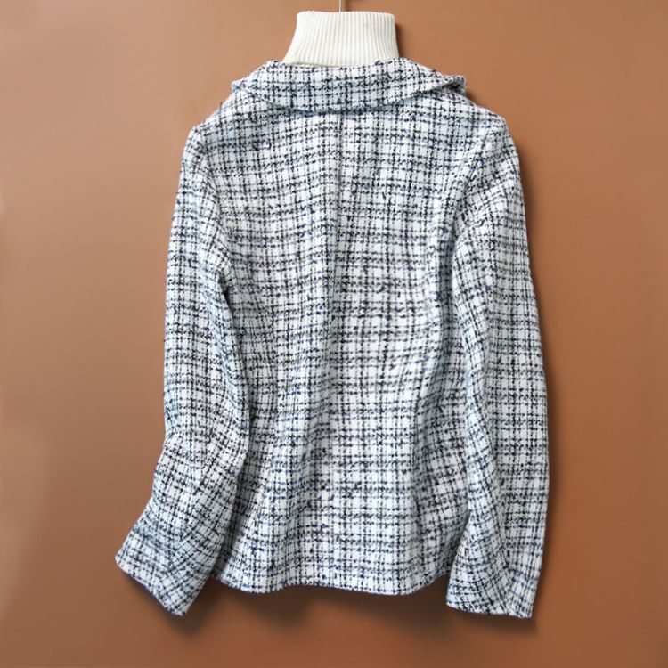Collar Plaid Tweed Faux Pearl Button Jacket