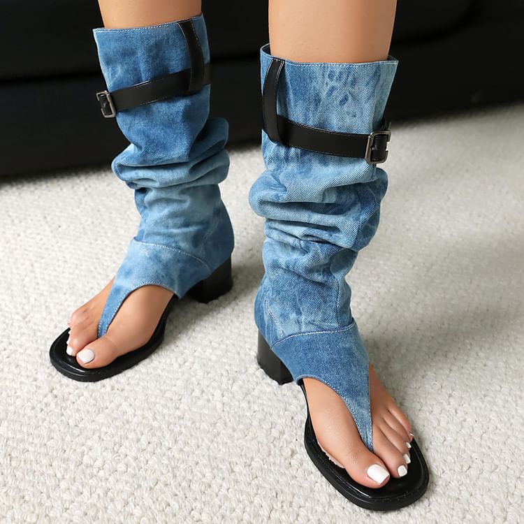 Denim Chunky Heel Thong Boots Washed Tall