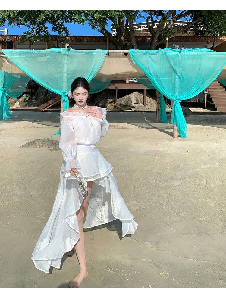 Ruffle Dress Plain High A-Line Maxi Low Long-Sleeve Off-The-Shoulder