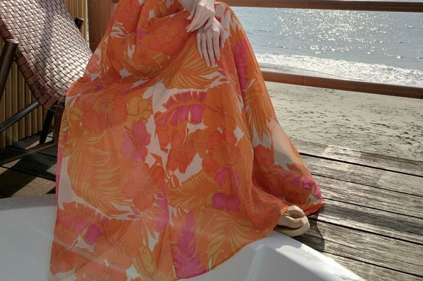 Print Strap V-Neck Floral Maxi Spaghetti A-Line Dress