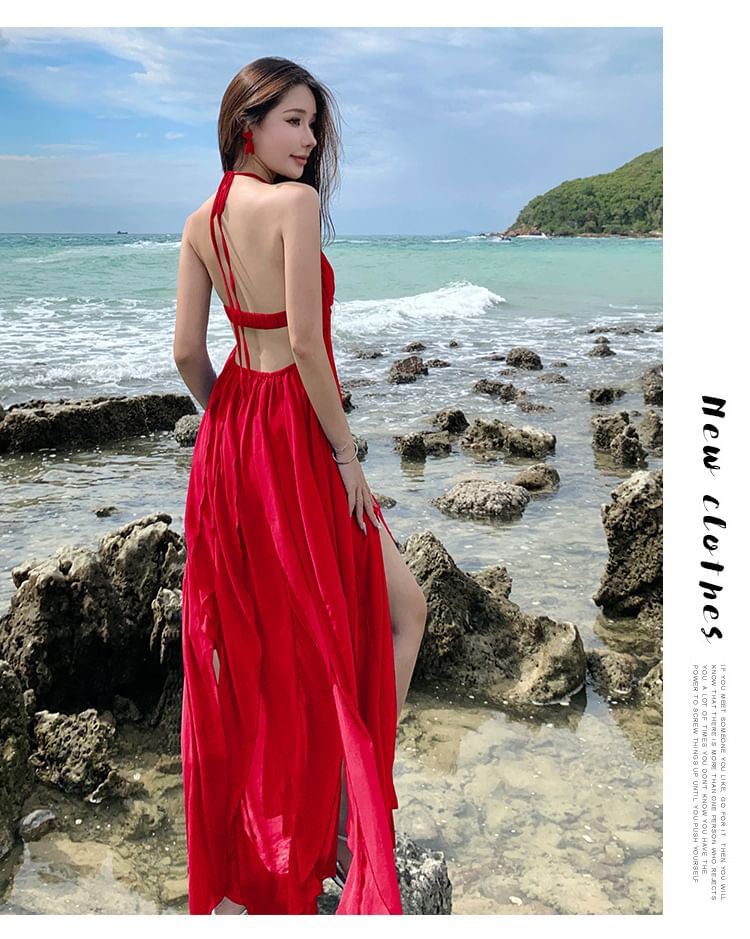 Halter Dress Plain Trim Maxi Neck A-Line Ruffle Spaghetti Strap