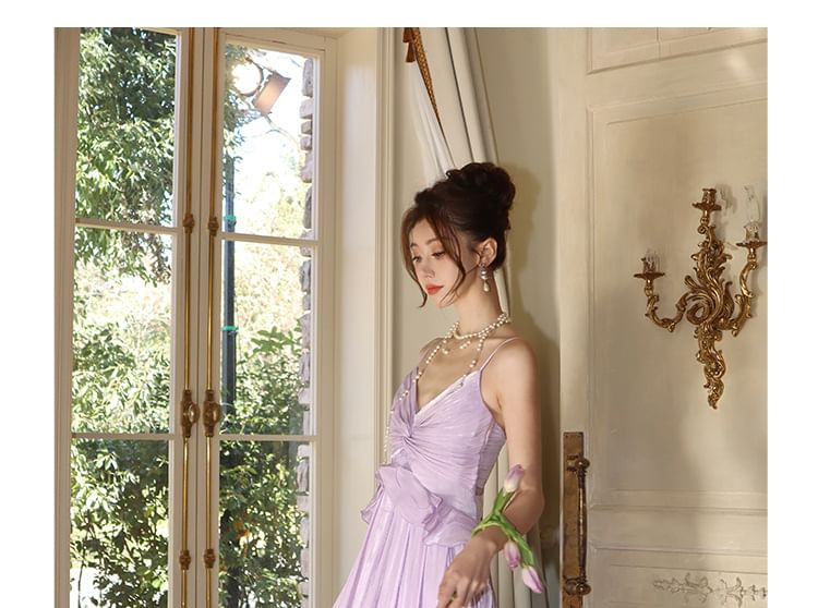 A-Line Strap V-Neck Dress Spaghetti Plain Trim Maxi Ruffle