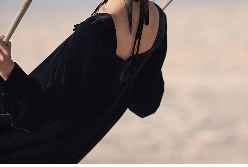 Velvet Frill Trim Halter Neck A-Line Maxi Dress