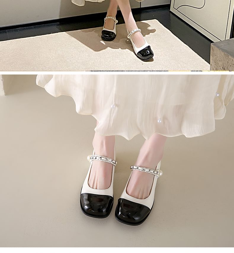 Chunky Heel Pumps Mary Jane Faux Accent Toe Pearl Cap