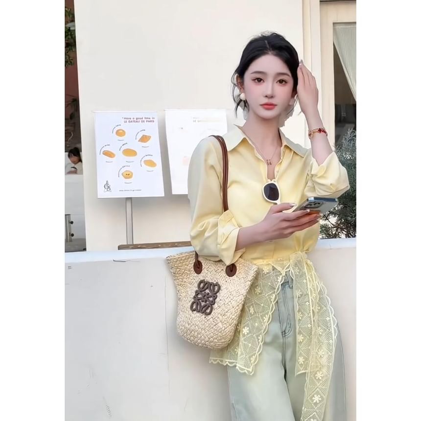 Lace Panel Sleeve Shirt Collared Long Plain Trim