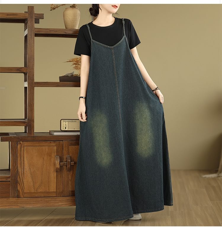 Washed Denim Spaghetti Strap V-Neck A-Line Maxi