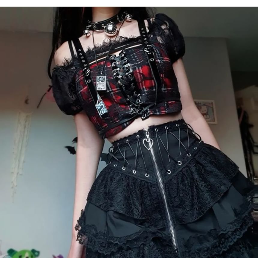 Layered Mini Flared Skirt with Lace Panels and Lace-Up High Rise