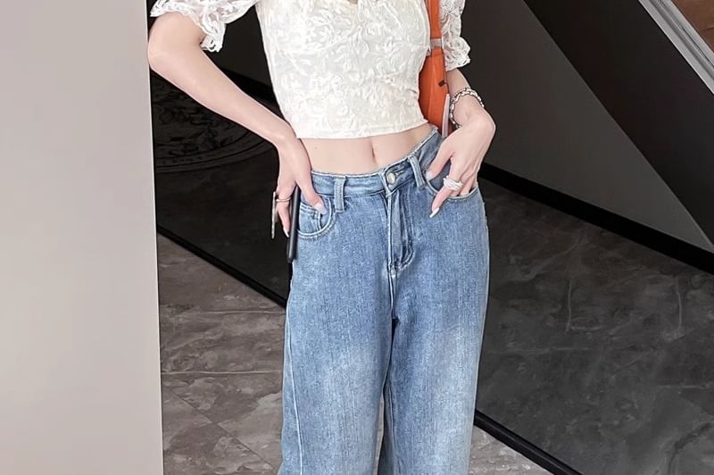 Short-Sleeve Trim Top Ruffle Off-The-Shoulder Crop Lace