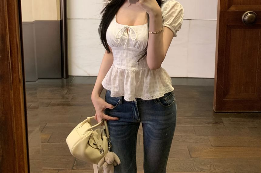 Square Short Blouse Front Tie Plain Peplum Neck Sleeve