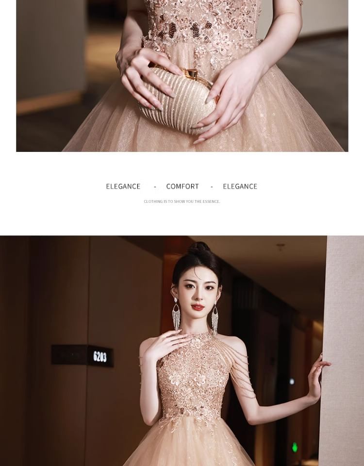 Halter A-Line Neck Layered Evening Floral Gown Fringed Sequin