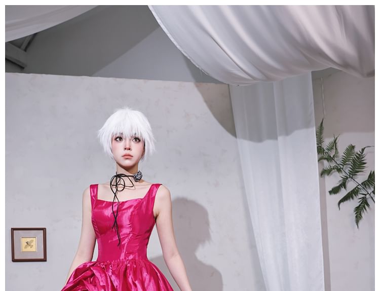 Sleeveless Square Neck Ruched Satin A-Line Evening Gown