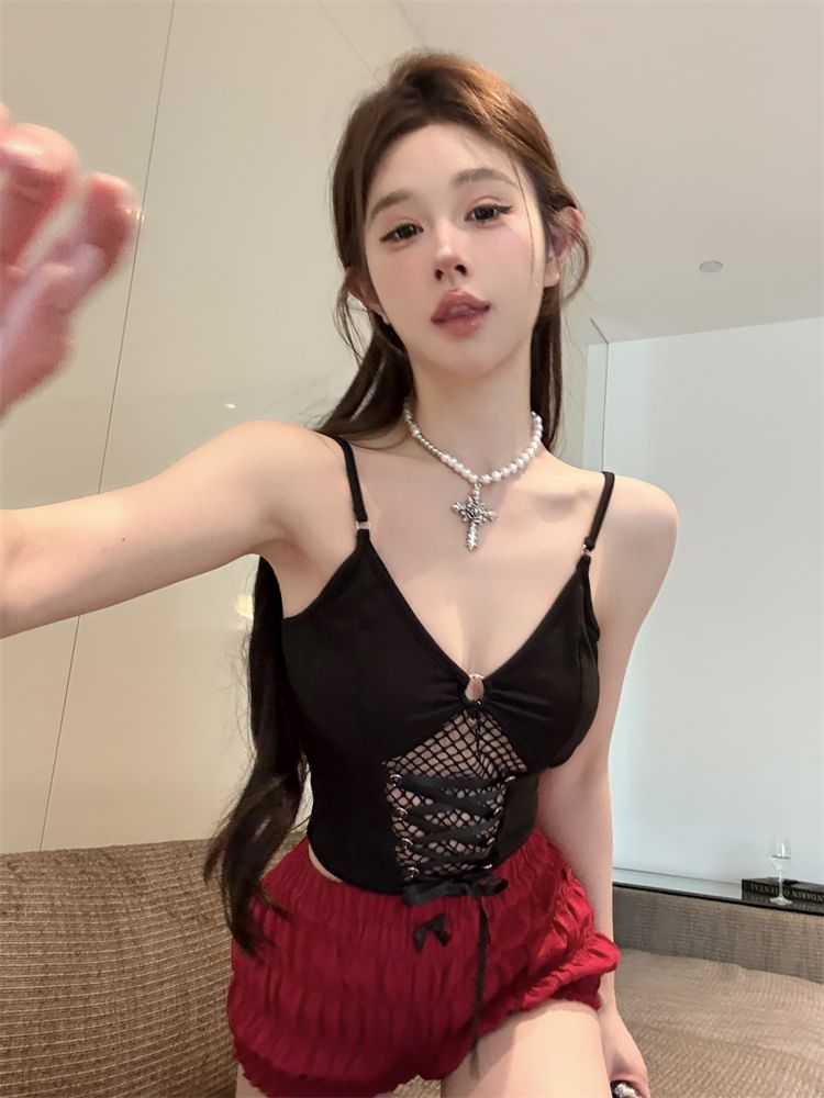 Slim Top Mesh Plain Camisole Panel Fit Crop Lace-Up