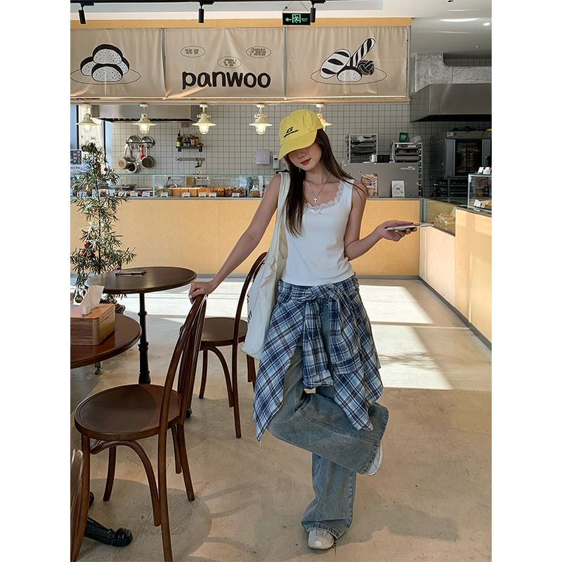 Neck Lace Fit Plain Top Tank Trim Slim Bow Square