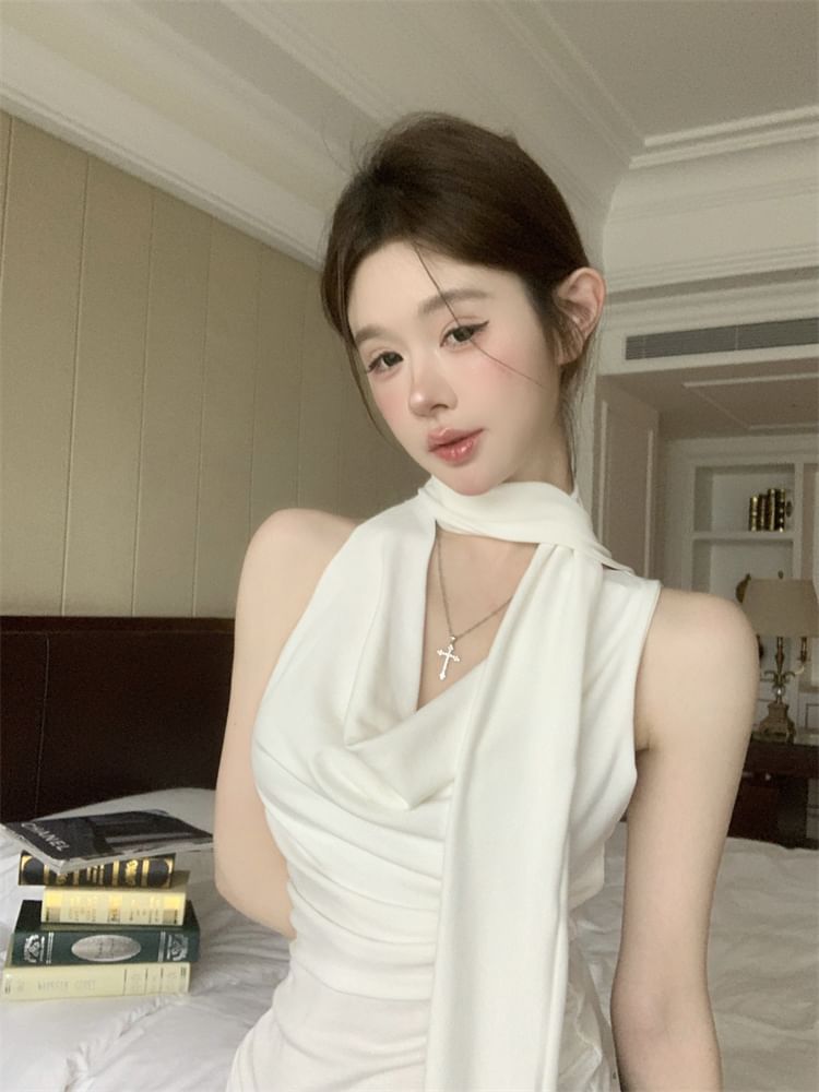 Scarf Tank Cowl Set: + Neck Plain Top Slim Fit