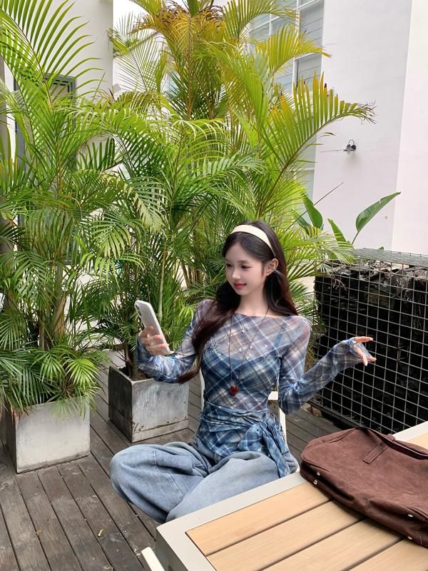 Long-Sleeve Plaid Boat Asymmetrical T-Shirt Sheer Neck