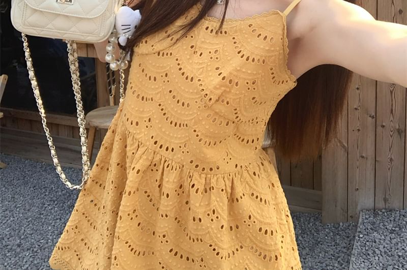 Embroidered Dress Plain Spaghetti Mini A-Line Eyelet Strap