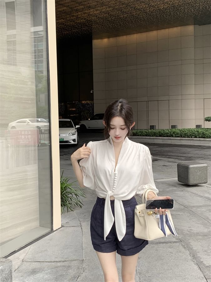 Front Blouse Sleeve V-Neck Plain Tie Elbow