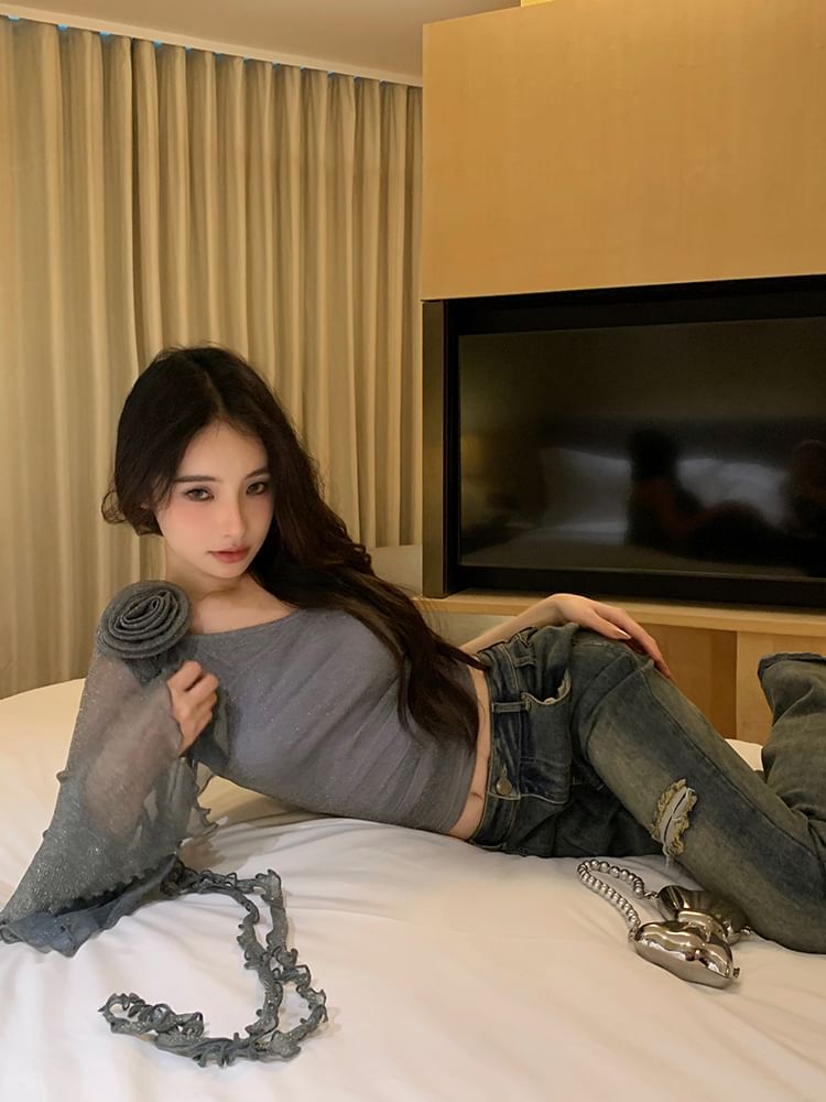 Top Floral Crop One-Sleeve Accent Plain